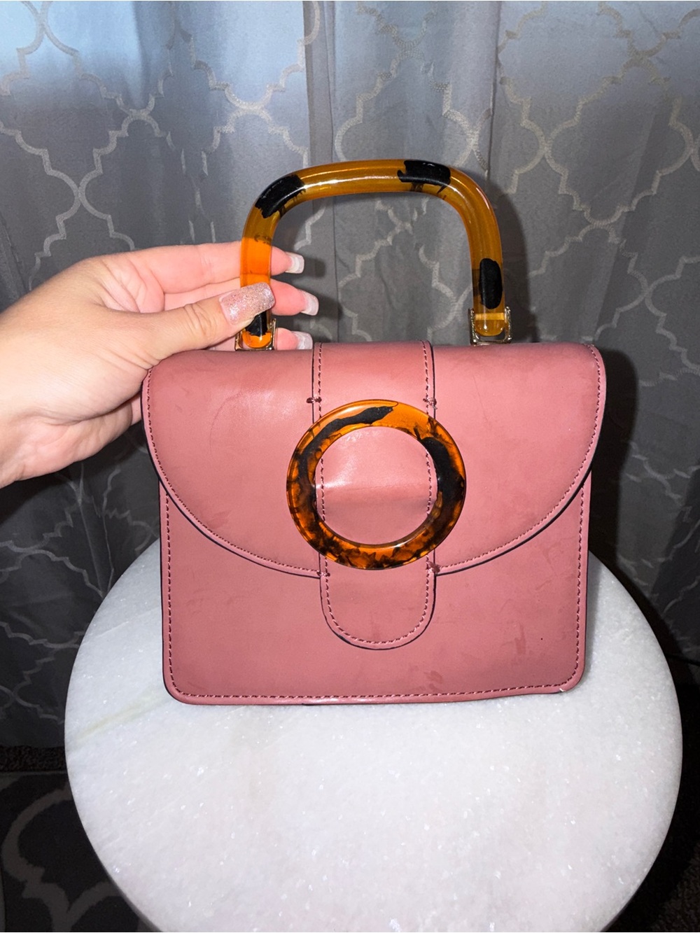 Topshop Rose Pink Mini Top-Handle Bag with Tortoiseshell Ring